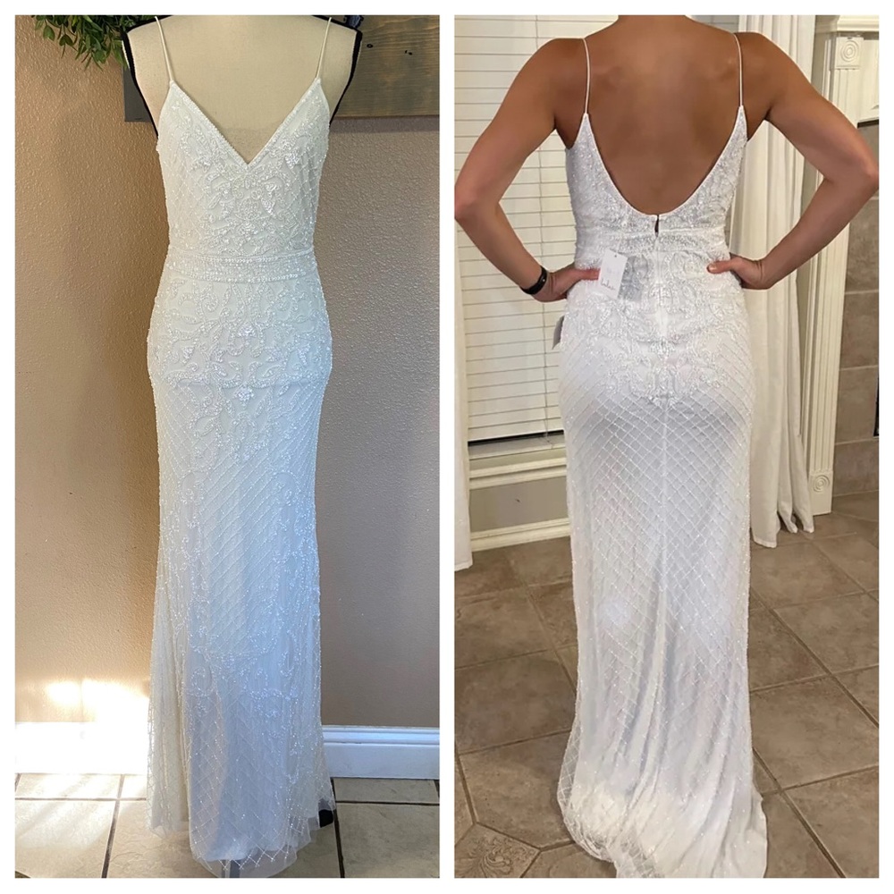 NWOT Lulus Cherished Vow White Beaded Backless Mermaid Maxi Dress